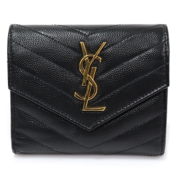 Saint Laurent(생로랑) 403943 블랙 모노그램 마틀라세 엔벨로프 금장 로고 컴팩트 3단 반지갑